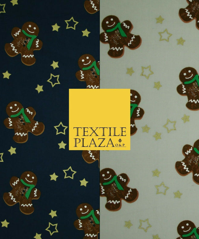Festive Gingerbread Men Metallic Gold Stars Xmas Printed 100% Cotton Fabric 58"