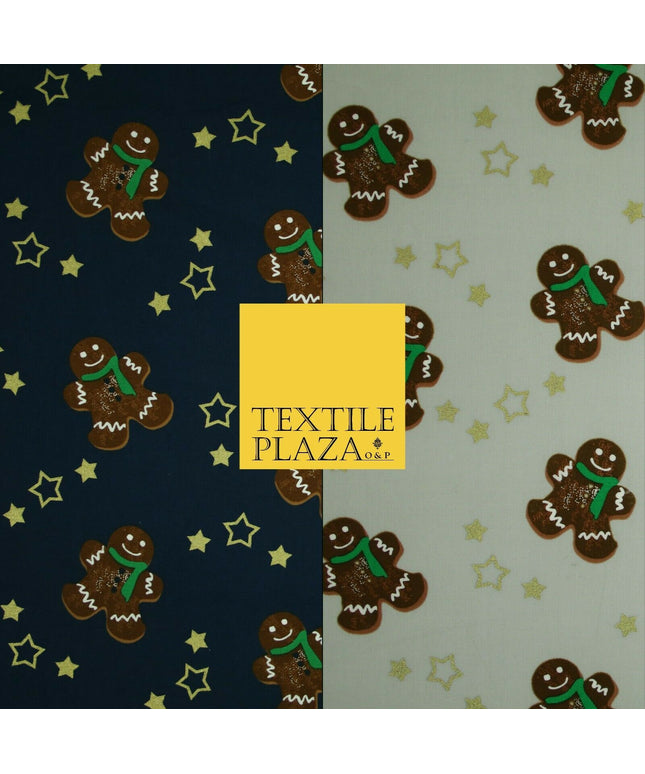 Festive Gingerbread Men Metallic Gold Stars Xmas Printed 100% Cotton Fabric 58"