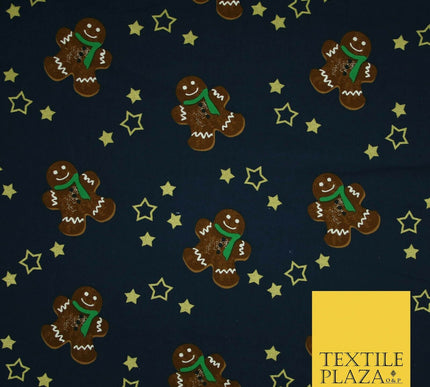 Festive Gingerbread Men Metallic Gold Stars Xmas Printed 100% Cotton Fabric 58"