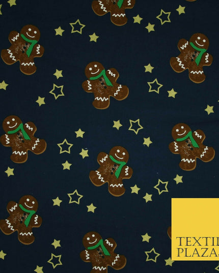 Festive Gingerbread Men Metallic Gold Stars Xmas Printed 100% Cotton Fabric 58"