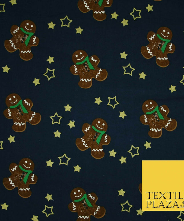 Festive Gingerbread Men Metallic Gold Stars Xmas Printed 100% Cotton Fabric 58"