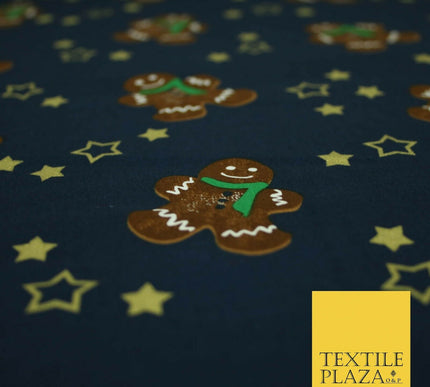 Festive Gingerbread Men Metallic Gold Stars Xmas Printed 100% Cotton Fabric 58"