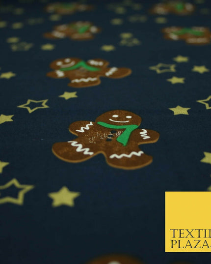 Festive Gingerbread Men Metallic Gold Stars Xmas Printed 100% Cotton Fabric 58"