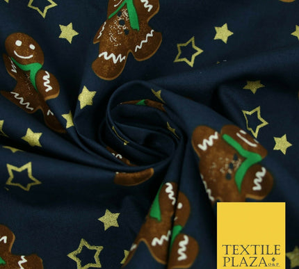 Festive Gingerbread Men Metallic Gold Stars Xmas Printed 100% Cotton Fabric 58"