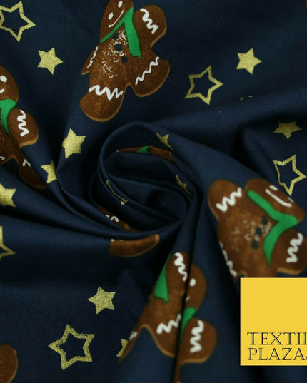 Festive Gingerbread Men Metallic Gold Stars Xmas Printed 100% Cotton Fabric 58"