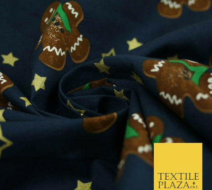 Festive Gingerbread Men Metallic Gold Stars Xmas Printed 100% Cotton Fabric 58"