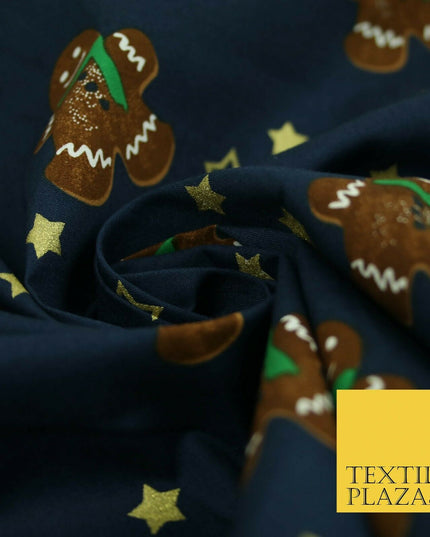 Festive Gingerbread Men Metallic Gold Stars Xmas Printed 100% Cotton Fabric 58"