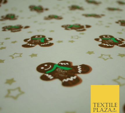 Festive Gingerbread Men Metallic Gold Stars Xmas Printed 100% Cotton Fabric 58"