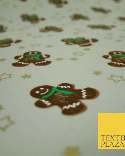 Festive Gingerbread Men Metallic Gold Stars Xmas Printed 100% Cotton Fabric 58"