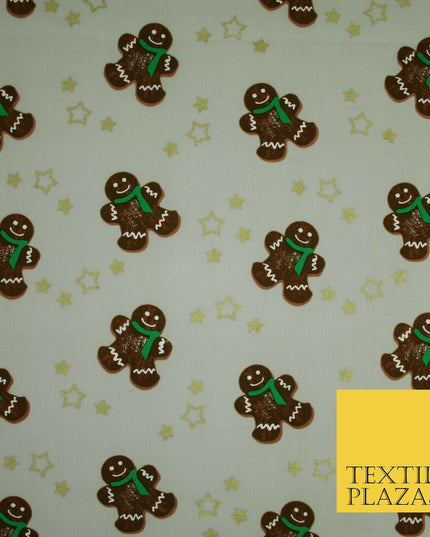 Festive Gingerbread Men Metallic Gold Stars Xmas Printed 100% Cotton Fabric 58"