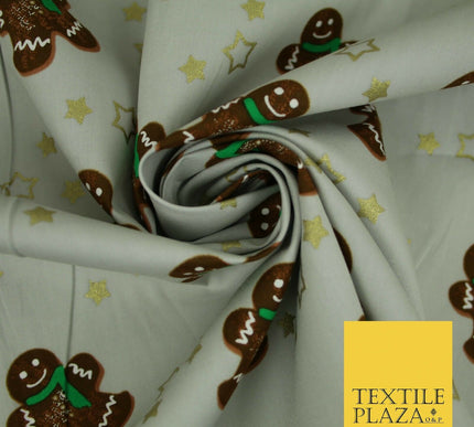 Festive Gingerbread Men Metallic Gold Stars Xmas Printed 100% Cotton Fabric 58"