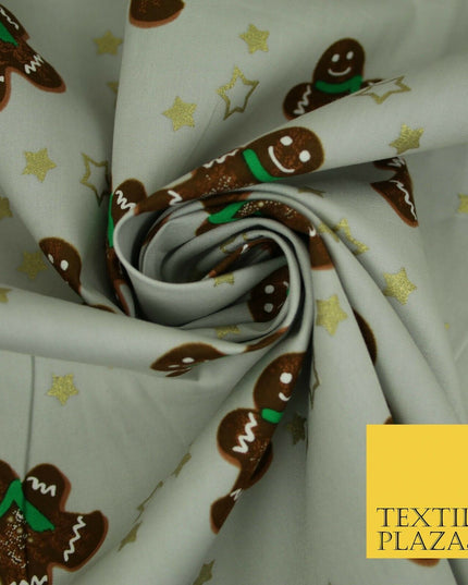 Festive Gingerbread Men Metallic Gold Stars Xmas Printed 100% Cotton Fabric 58"