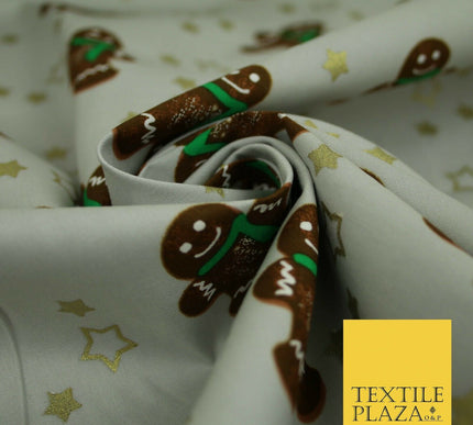 Festive Gingerbread Men Metallic Gold Stars Xmas Printed 100% Cotton Fabric 58"