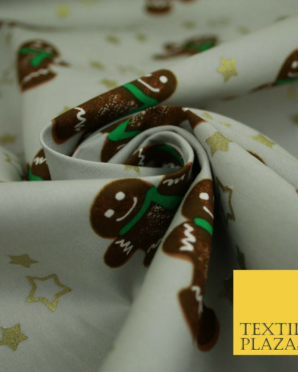 Festive Gingerbread Men Metallic Gold Stars Xmas Printed 100% Cotton Fabric 58"