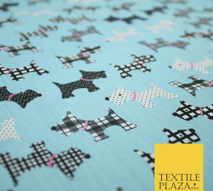 Light Blue Tartan Scottie Dog Patch Printed Poly Cotton Fabric Polycotton 5020