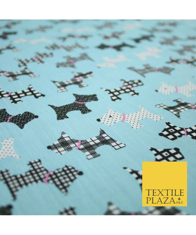 Light Blue Tartan Scottie Dog Patch Printed Poly Cotton Fabric Polycotton 5020