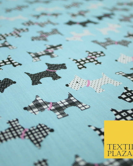 Light Blue Tartan Scottie Dog Patch Printed Poly Cotton Fabric Polycotton 5020