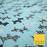 Light Blue Tartan Scottie Dog Patch Printed Poly Cotton Fabric Polycotton 5020