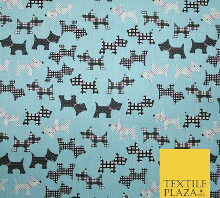 Light Blue Tartan Scottie Dog Patch Printed Poly Cotton Fabric Polycotton 5020