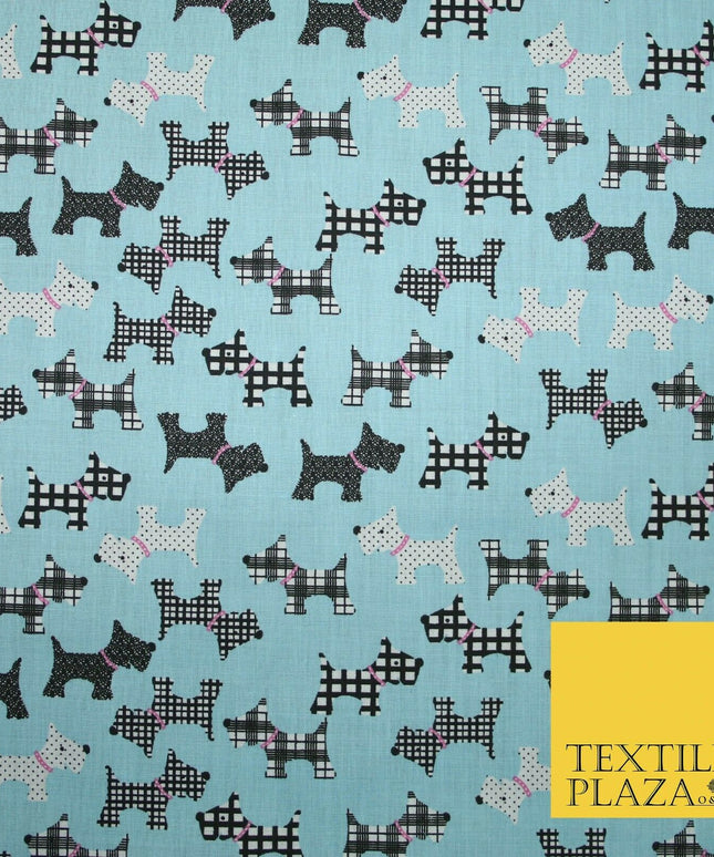 Light Blue Tartan Scottie Dog Patch Printed Poly Cotton Fabric Polycotton 5020
