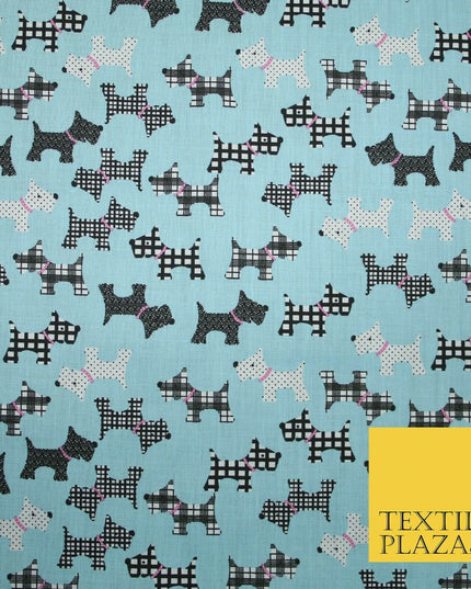 Light Blue Tartan Scottie Dog Patch Printed Poly Cotton Fabric Polycotton 5020