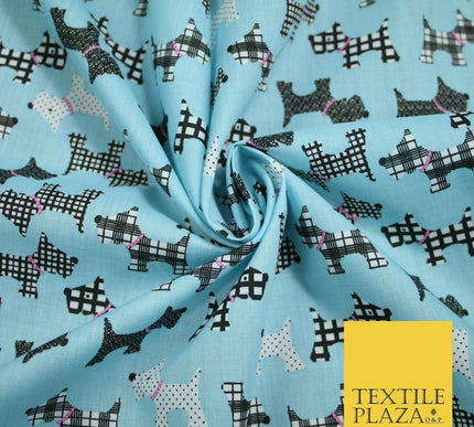Light Blue Tartan Scottie Dog Patch Printed Poly Cotton Fabric Polycotton 5020