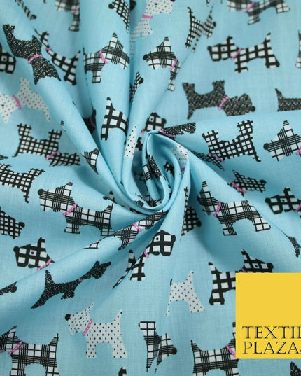 Light Blue Tartan Scottie Dog Patch Printed Poly Cotton Fabric Polycotton 5020