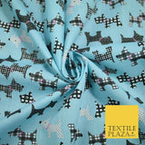 Light Blue Tartan Scottie Dog Patch Printed Poly Cotton Fabric Polycotton 5020