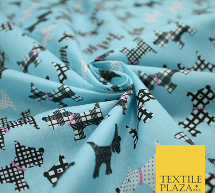 Light Blue Tartan Scottie Dog Patch Printed Poly Cotton Fabric Polycotton 5020