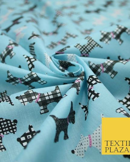 Light Blue Tartan Scottie Dog Patch Printed Poly Cotton Fabric Polycotton 5020
