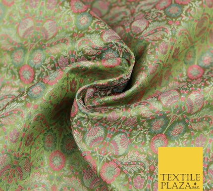 Sage Green Luxury Intricate Floral PURE Benarsi Brocade Woven Dress Fabric 1752