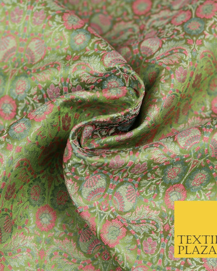 Sage Green Luxury Intricate Floral PURE Benarsi Brocade Woven Dress Fabric 1752