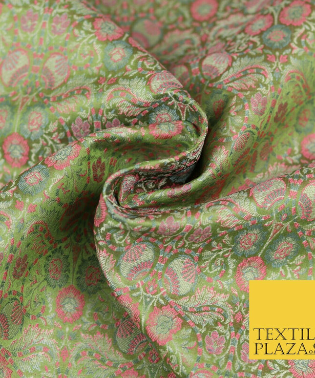 Sage Green Luxury Intricate Floral PURE Benarsi Brocade Woven Dress Fabric 1752
