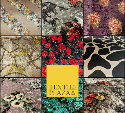 Various Floral Ornate Chain Stripe Cow Printed Soft Stretch Velvet Dress Fabric