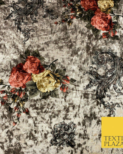 Various Floral Ornate Chain Stripe Cow Printed Soft Stretch Velvet Dress Fabric
