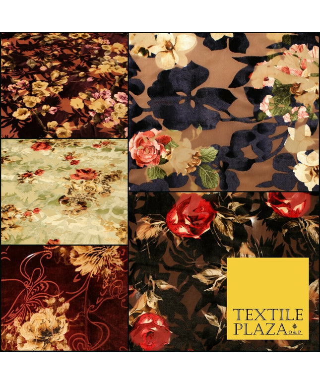 Floral Vintage Artsy Ornate Flower Mix Print Velvet Devore Burnout Net Fabric
