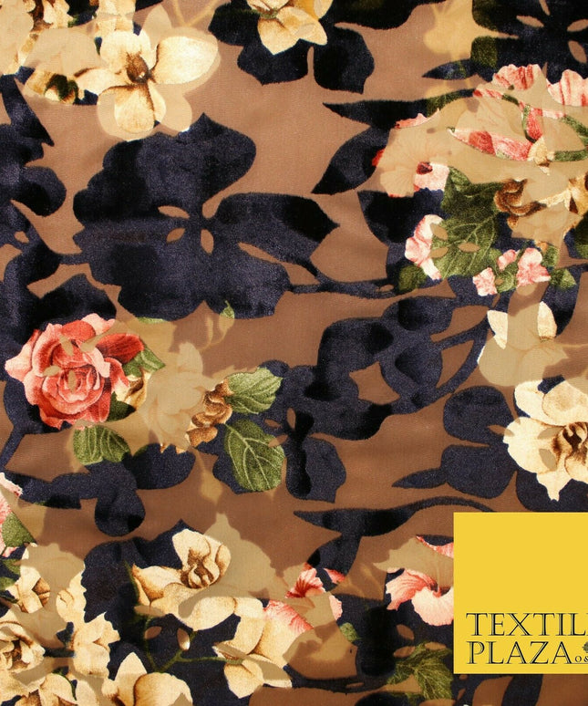 Floral Vintage Artsy Ornate Flower Mix Print Velvet Devore Burnout Net Fabric