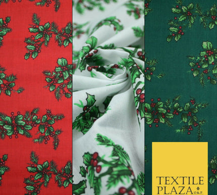 Festive Holly Berries Wreath Christmas Printed Poly Cotton Fabric Polycotton 45"