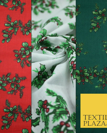 Festive Holly Berries Wreath Christmas Printed Poly Cotton Fabric Polycotton 45"
