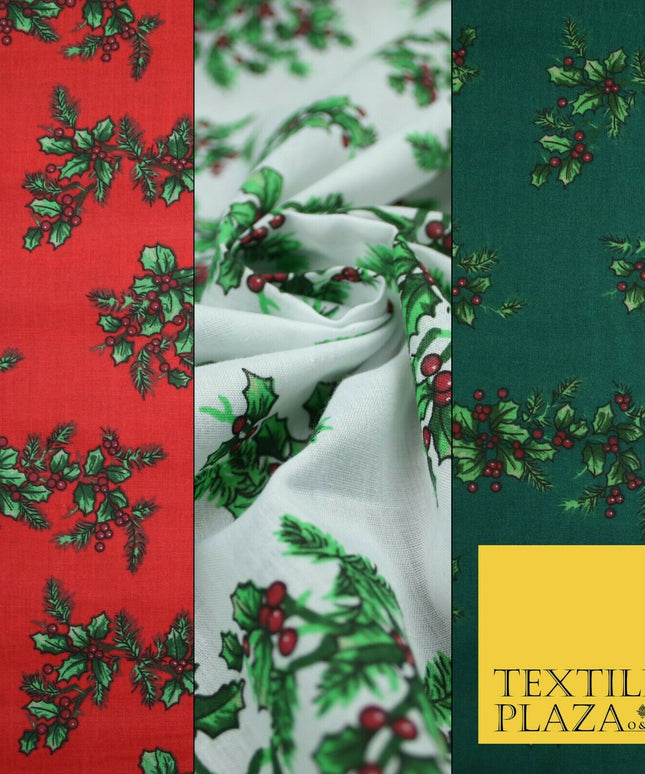Festive Holly Berries Wreath Christmas Printed Poly Cotton Fabric Polycotton 45"