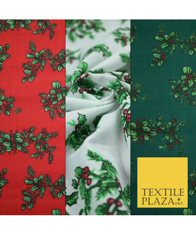 Festive Holly Berries Wreath Christmas Printed Poly Cotton Fabric Polycotton 45"