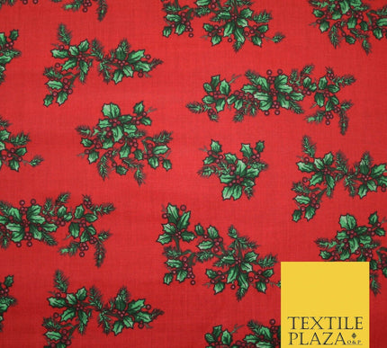 Festive Holly Berries Wreath Christmas Printed Poly Cotton Fabric Polycotton 45"