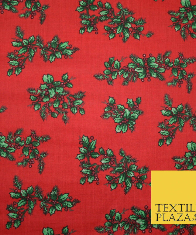 Festive Holly Berries Wreath Christmas Printed Poly Cotton Fabric Polycotton 45"