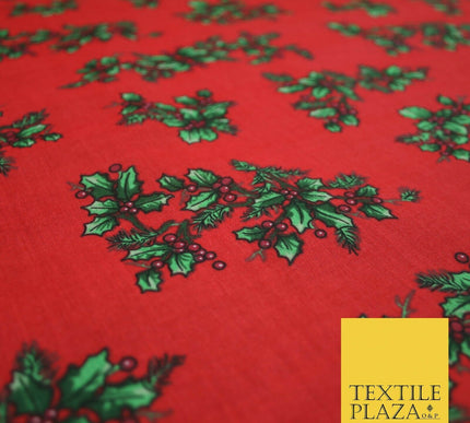 Festive Holly Berries Wreath Christmas Printed Poly Cotton Fabric Polycotton 45"