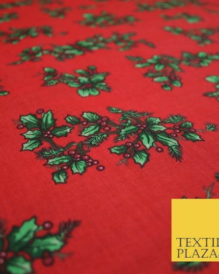 Festive Holly Berries Wreath Christmas Printed Poly Cotton Fabric Polycotton 45"