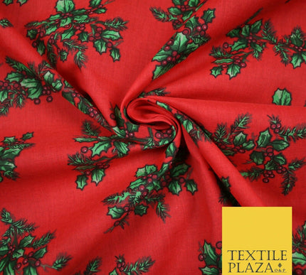 Festive Holly Berries Wreath Christmas Printed Poly Cotton Fabric Polycotton 45"