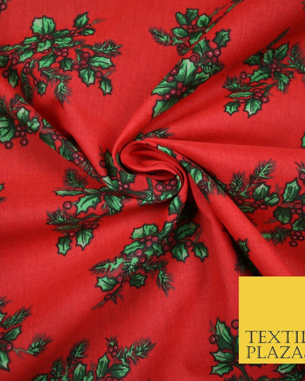 Festive Holly Berries Wreath Christmas Printed Poly Cotton Fabric Polycotton 45"