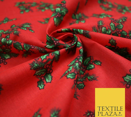 Festive Holly Berries Wreath Christmas Printed Poly Cotton Fabric Polycotton 45"