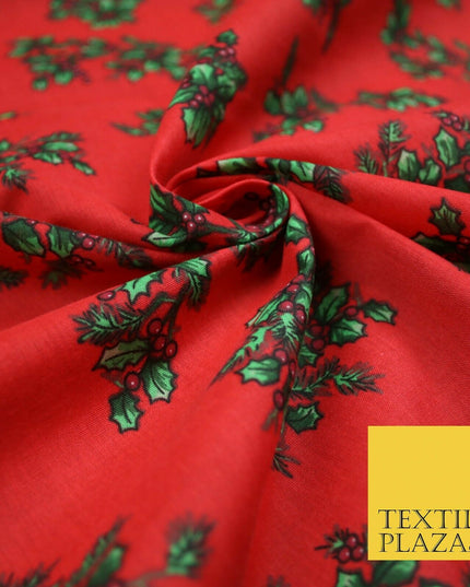 Festive Holly Berries Wreath Christmas Printed Poly Cotton Fabric Polycotton 45"
