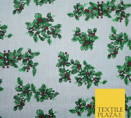 Festive Holly Berries Wreath Christmas Printed Poly Cotton Fabric Polycotton 45"